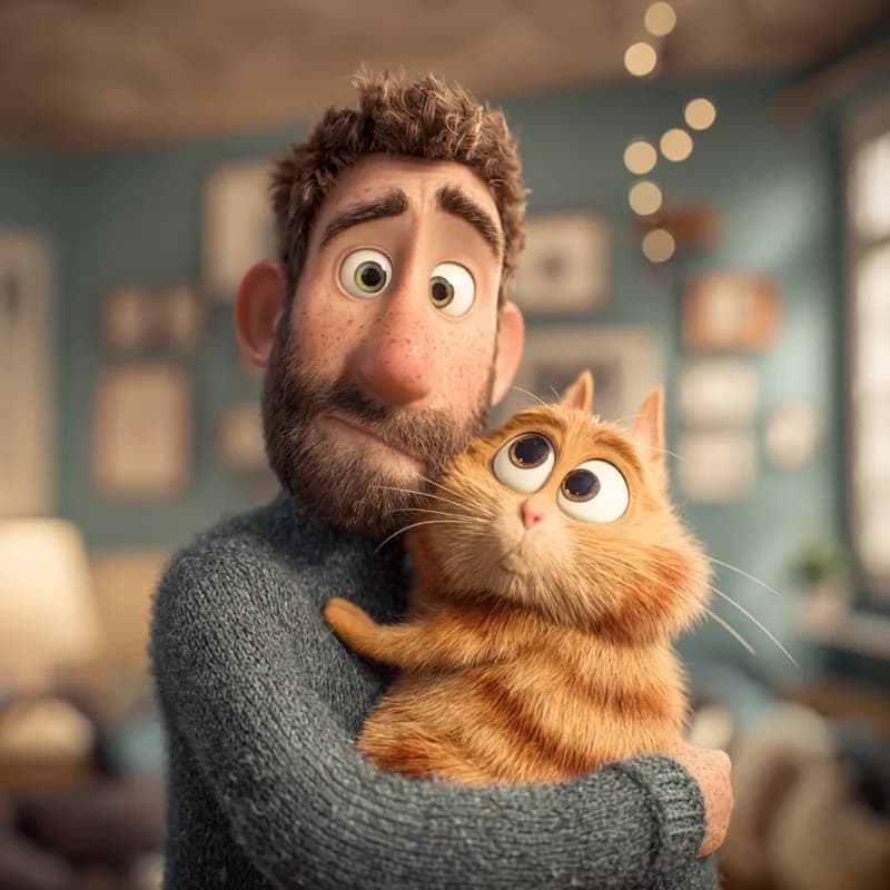 Un homme brun avec une barbe courte tient un chat roux