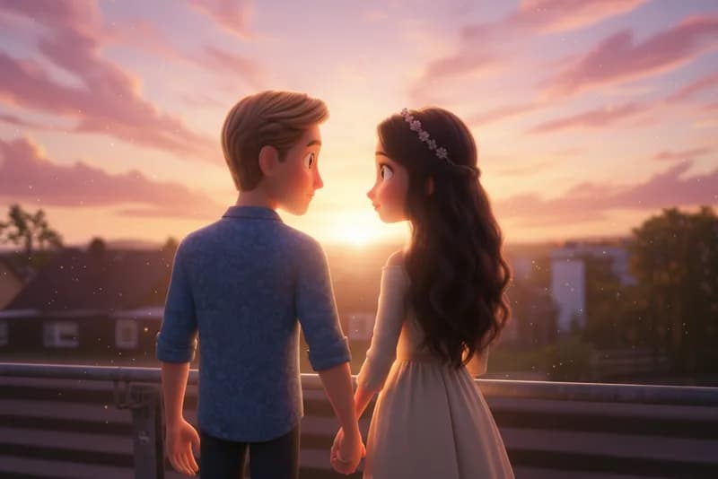 Couple romantique au coucher du soleil, conte de fées