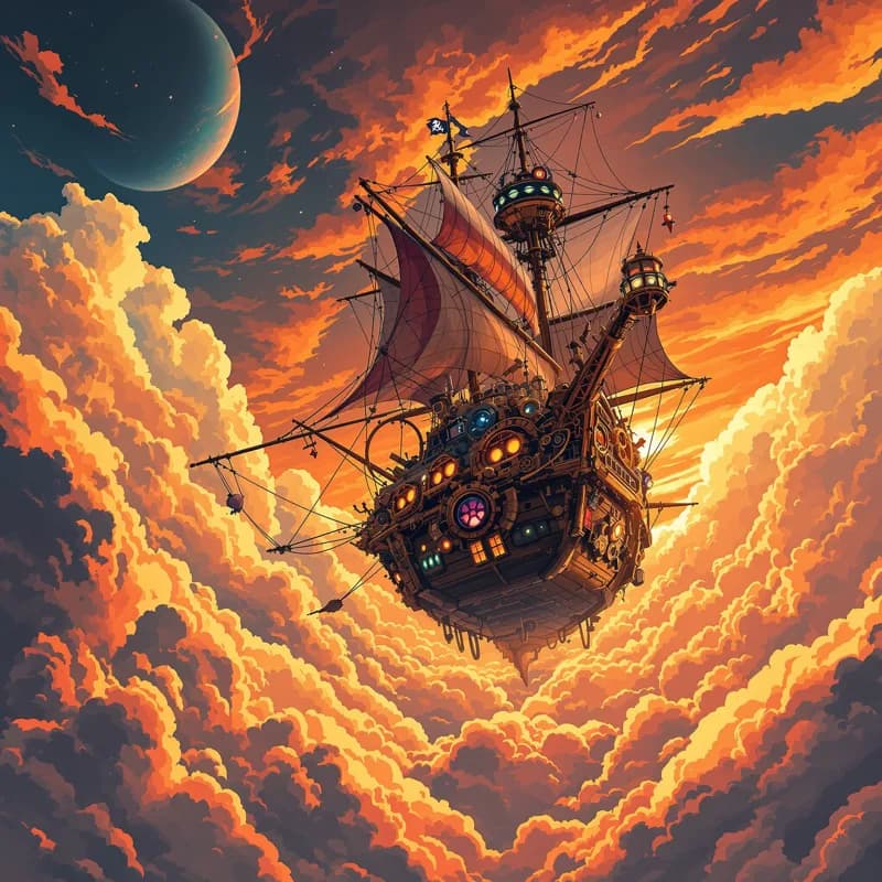 Un pirate steampunk navigue sur un vaisseau volant