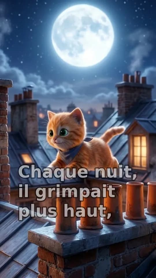 Chat orange assis sur les toits de Paris la nuit, la lune au-dessus de lui — image d'une histoire créée avec ToonZap