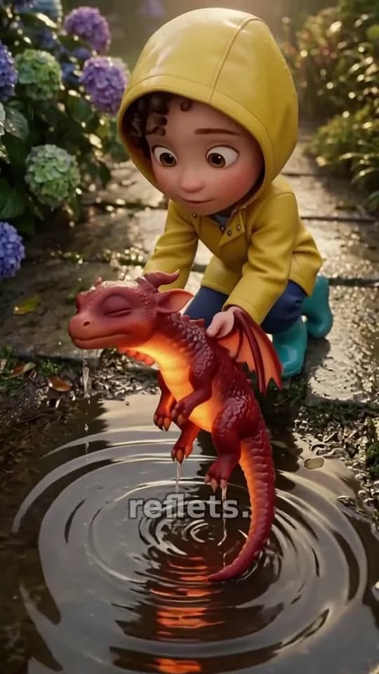 Fillette en ciré jaune penchée sur un bébé dragon dans une flaque après l'orage — image d'une histoire créée avec ToonZap