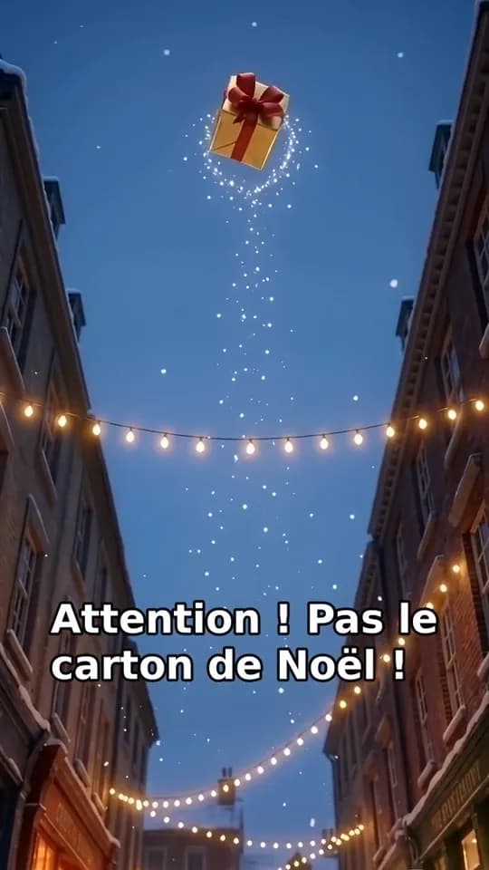 Deux robots livreurs qui se disputent un colis de Noël dans une rue enneigée — image d'une histoire créée avec ToonZap