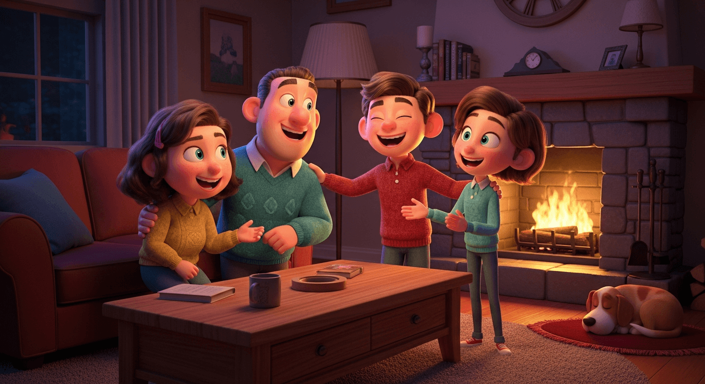 Famille de quatre personnes riant devant une cheminée allumée, un chien endormi sur le tapis, salon chaleureux, style Pixar 3D, générée avec ToonZap
